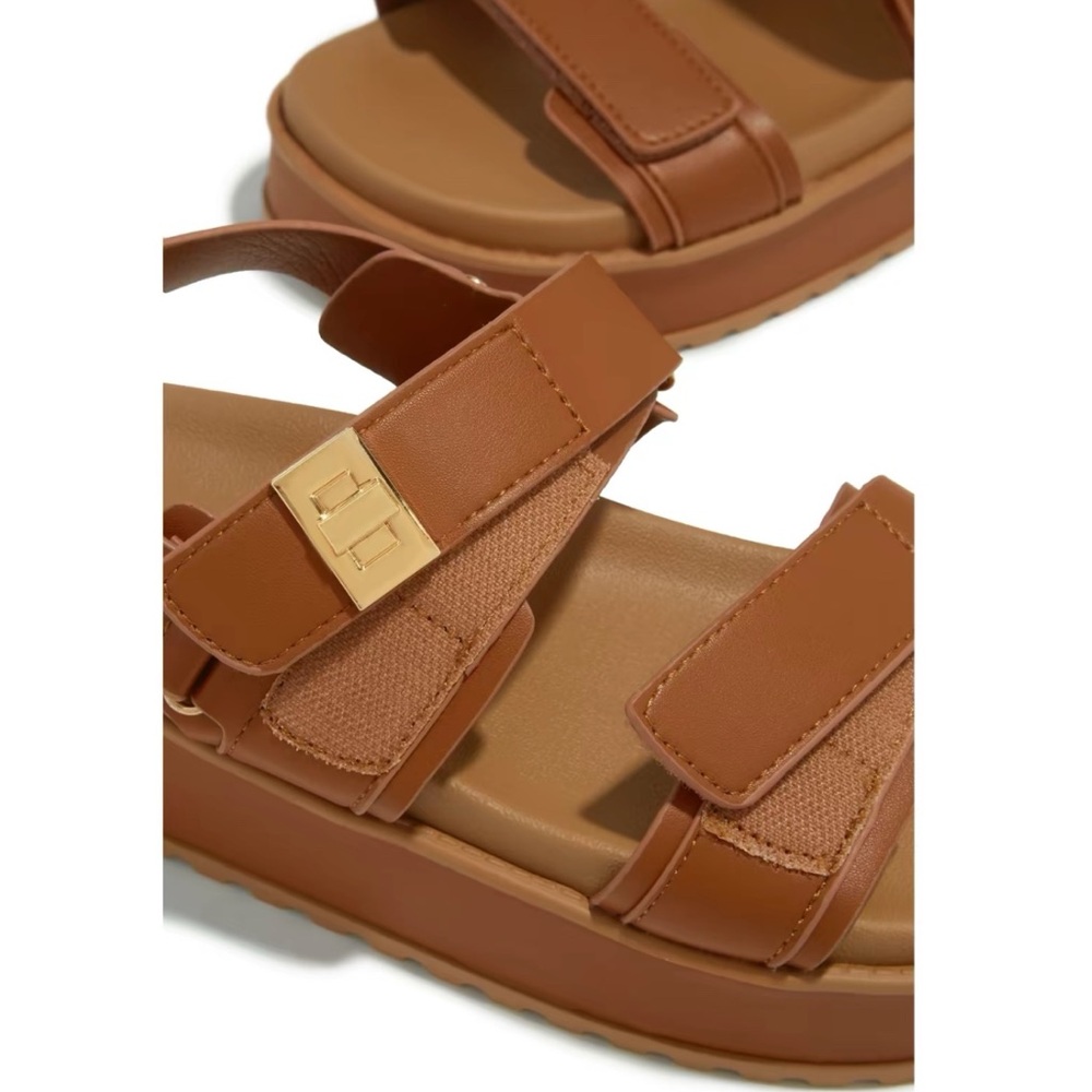 Tan Double Velcro Straps Platform Sandals - Picture 3 of 6